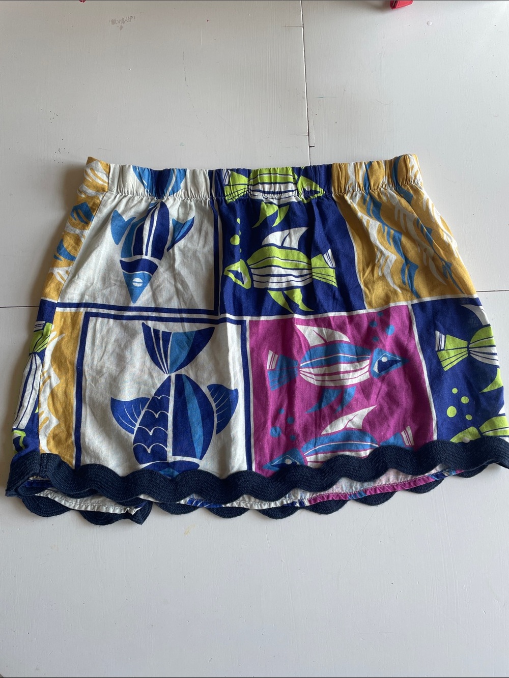 Anthropologie Colorblock Fish Print Skirt with Scalloped Trim - Picture 3 of 5